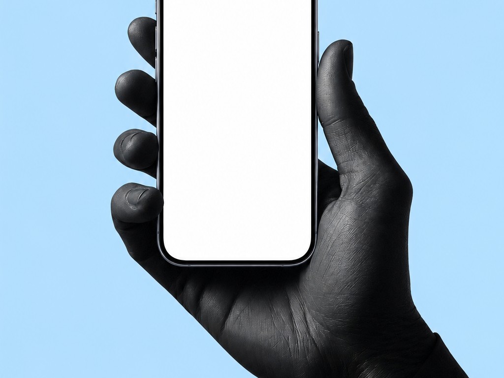 Hand som håller en mobiltelefon mot ljusblå bakgrund