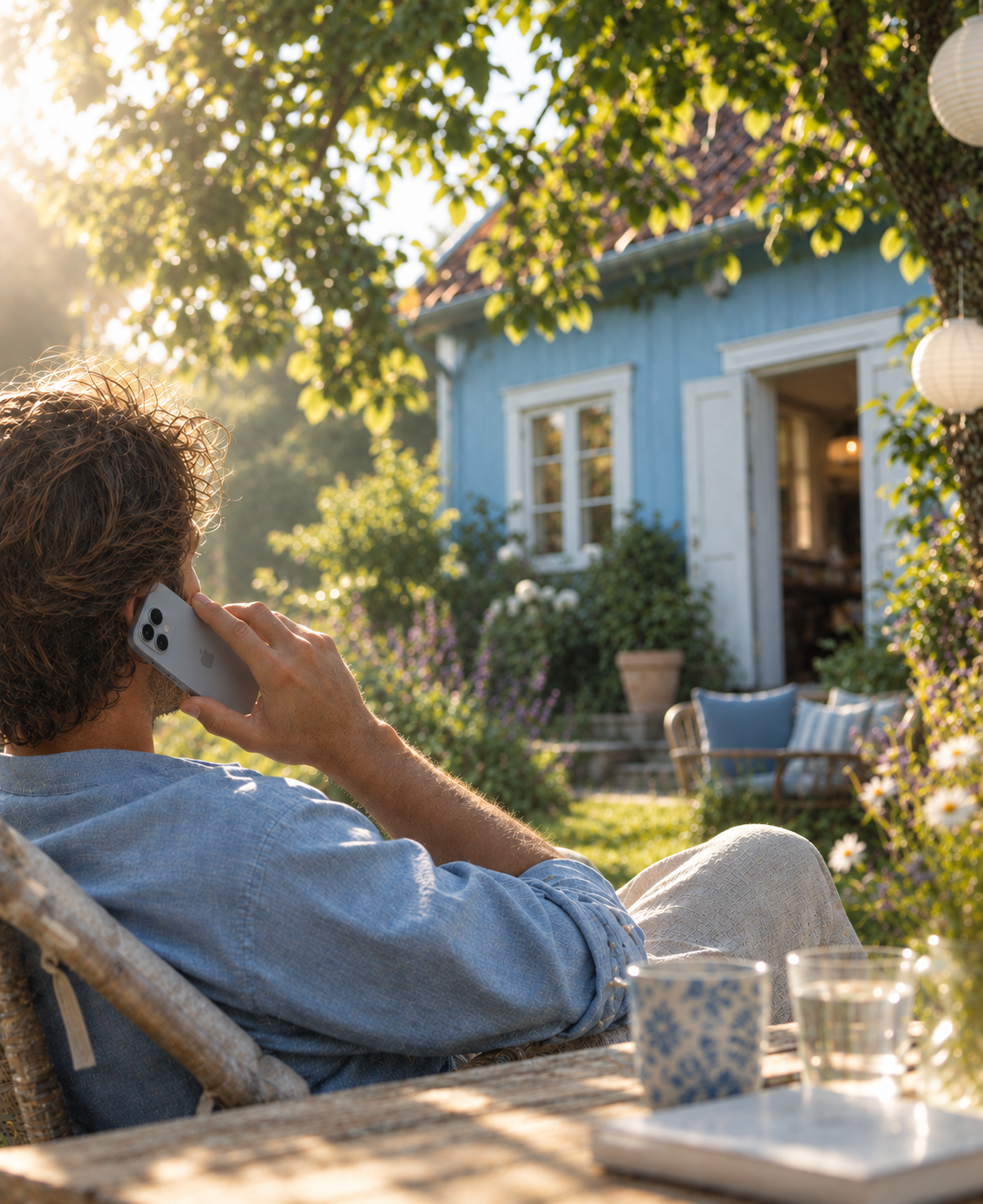 Man som pratar i telefon i en solig trädgård framför ett blått hus